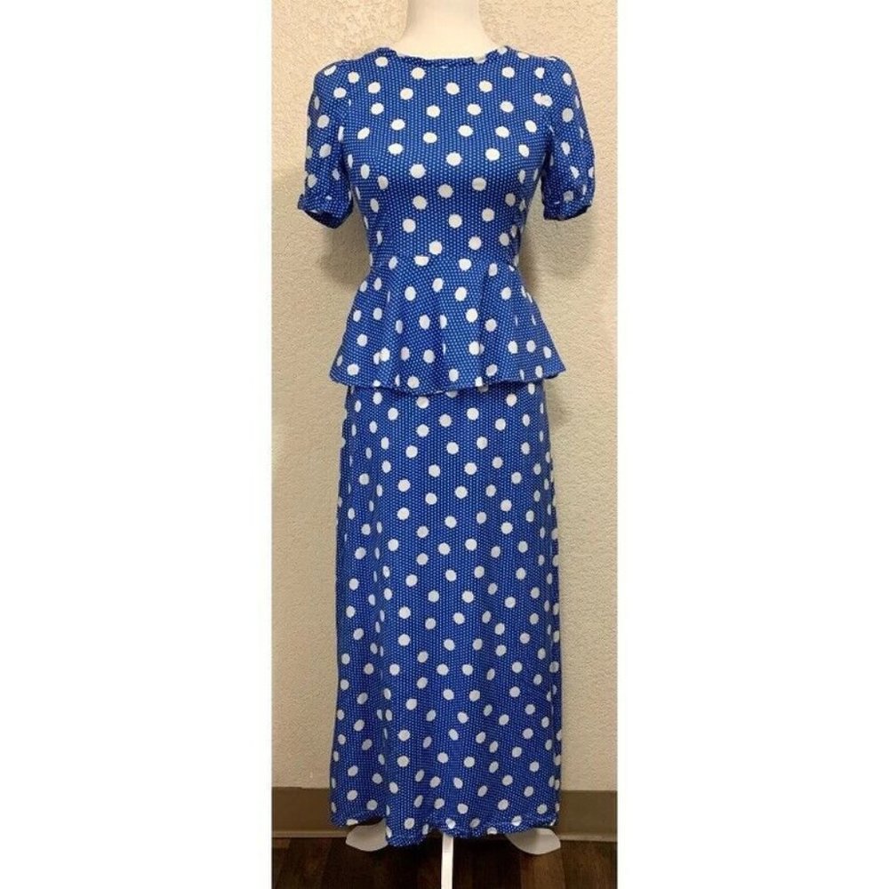 Handmade Vintage 90s Maxi Blue Polka Dot Dress